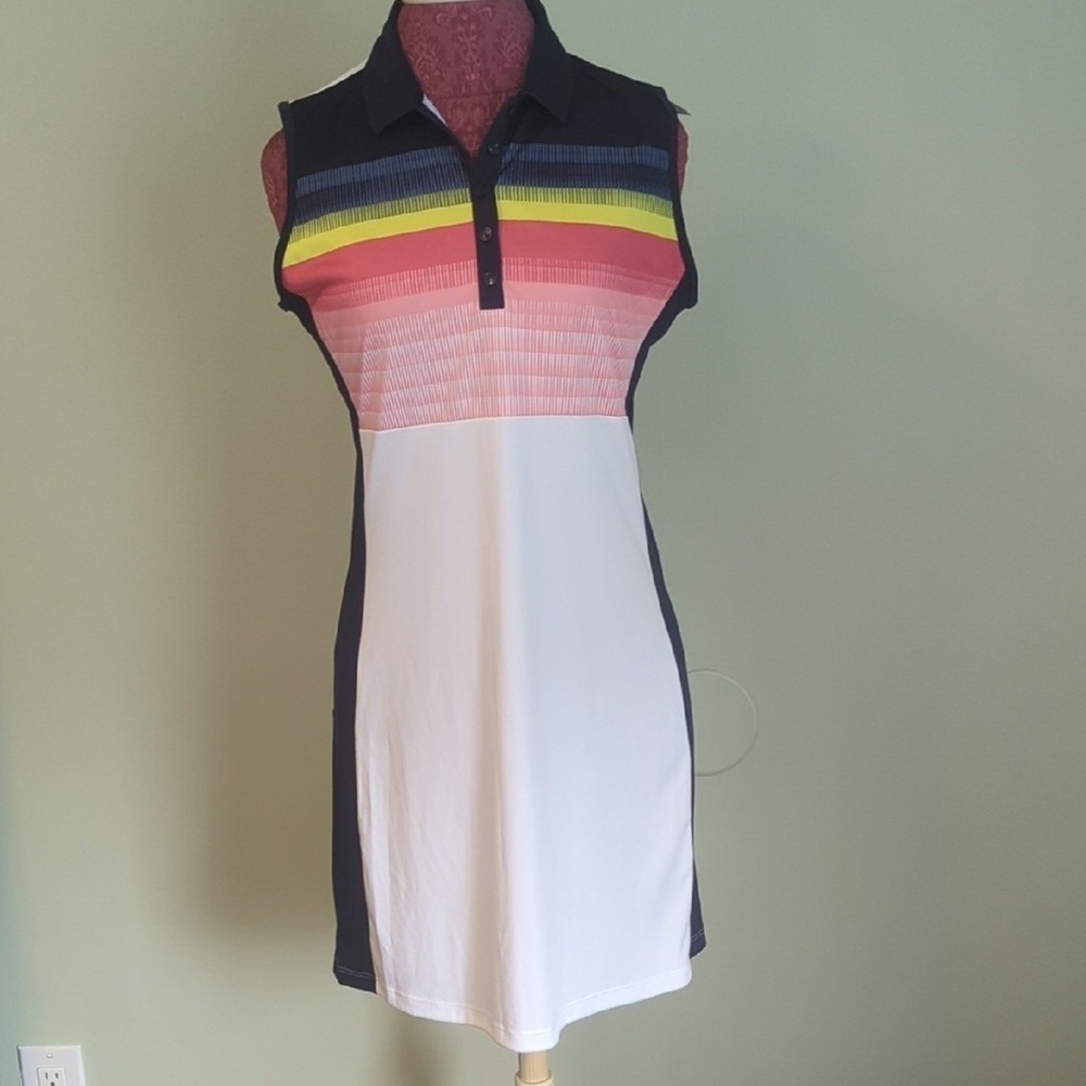 NWT Callaway White and Navy Colorful Striped Sleeveless Polo Dress, US M